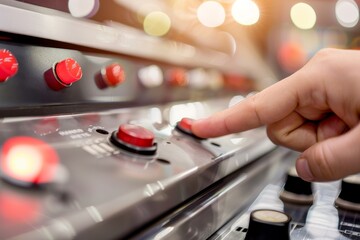 Close up of forefinger knuckle pressing the button elevator during coronavirus pandemic covid-19 quarantine concept. Beautiful simple AI generated image in 4K, unique.