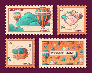 Obraz premium Collection postage stamps with travel illustration. Vector illustration of hot air balloon, map, suitcase for decoration of envelope.