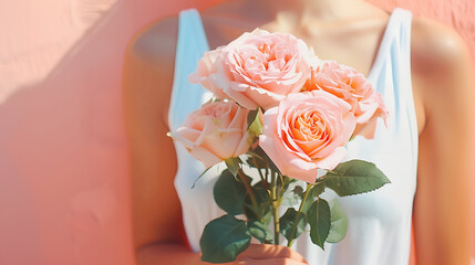 Woman Holding Bunch of Light Pink Roses in Hand, Floral Gift Card Theme on Peach Pink Background, Woman's Day.