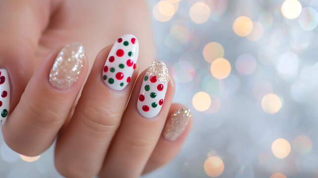 Woman's Festive Nails with Christmas Ornaments, White Nails with Glittering Snowflakes and Green, Red Dots, Stylish Manicure, Holiday Nails.