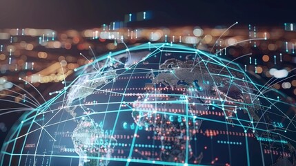 A 3D model of a globe with lines connecting major cities with flying digital data packets, illustrating global connectivity and economic interdependence.