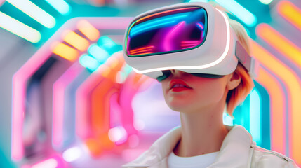 Woman Using VR Headset, Futuristic Virtual Reality Gaming Experience in Goggles in Fluorescent, Neon Colors in 90s Style, Modern Gamer.