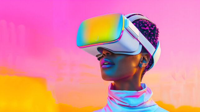 Woman Using VR Headset, Futuristic Virtual Reality Gaming Experience in Goggles in Fluorescent, Neon Colors in 90s Style, Modern Gamer.