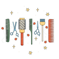 Hairdressing tools combs scissors in bright color with black outline isolated on white. Template for Christmas card or hair salon background.