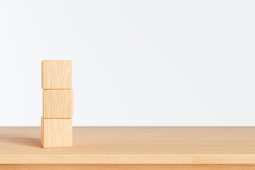 3 stack of Wooden blocks, wooden toys, on wood sheif, space for letters on white background, 3d render