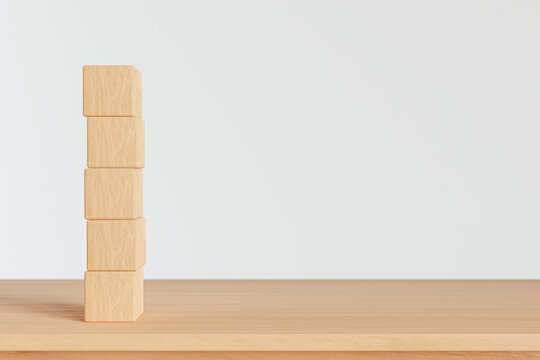 5 stack of Wooden blocks, wooden toys, on wood sheif, space for letters on white background, 3d render