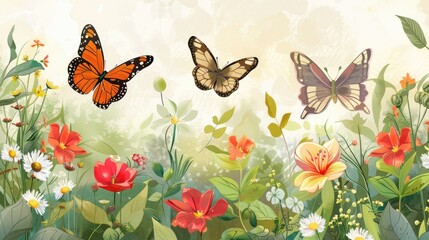 Butterflies and flowers in garden setting for page banner designs