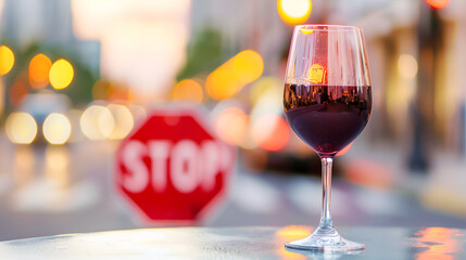 Red Wine Glass with Stop Sign, Quit Drinking Alcohol Prevention and Stop Drinking, Alcohol Free Health Awareness Concept, Sobriety, Sober Curious.