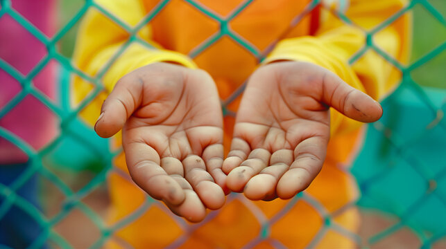Child Holding Hands On Blue Wire Metal Fence, Refugee Child Seeking Freedom, Consequences of War, Border Protection, Refugees and Deportation Concept.