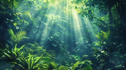 Sunbeams filtering through lush, dense rainforest foliage, creating a mystical and serene atmosphere.
