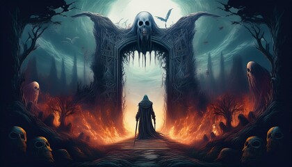 "The Infernal Passage: A Grim Reaper's Vigil in an Ancient Graveyard"
