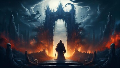 "The Infernal Passage: A Grim Reaper's Vigil in an Ancient Graveyard"