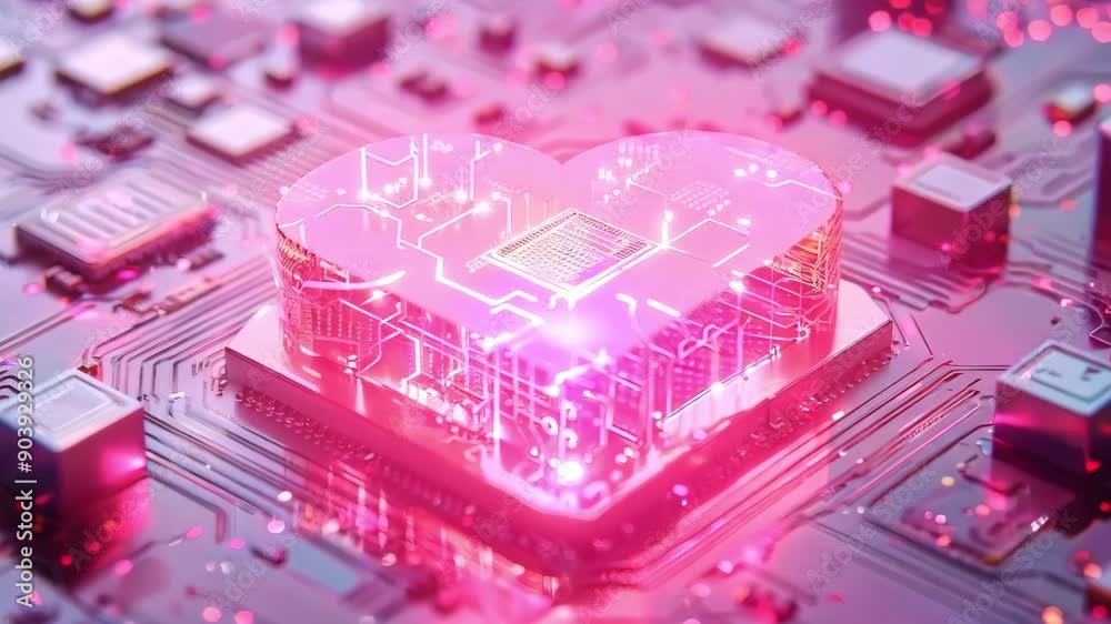 Poster a computer chip in the shape of a heart, on a pink circuit board background, the core unit sits on a