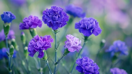 A photo of purple blue violet carnations flowers in the field, with a blurry background