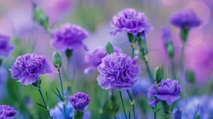 Obraz premium A photo of purple blue violet carnations flowers in the field, with a blurry background