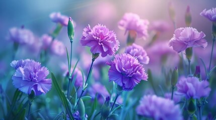Obraz premium A photo of purple blue violet carnations flowers in the field, with a blurry background