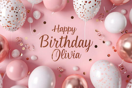 Personalized Pink and White Happy Birthday Card for Olivia with Rose Gold Balloon and Confetti Decorations