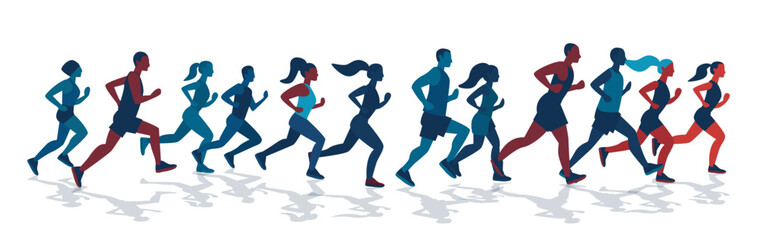Group of running people diverse community athletic activity dynamic silhouettes in various poses colorful abstract design isolated white background