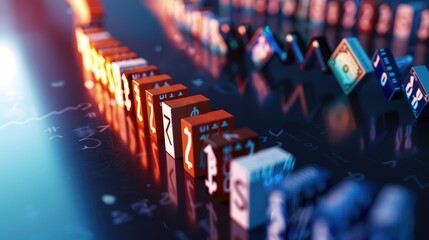 A 3D rendering of a chain of dominos with currency symbols collapsing, illustrating the domino effect in financial markets.