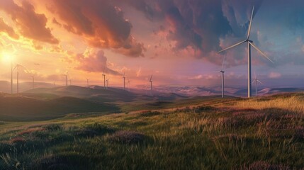 Obraz premium A field of wind turbines with a beautiful sunset in the background