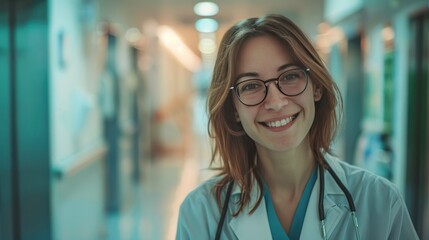Fototapeta premium A portrait of an attractive female doctor smiling and wearing glasses standing in the hospital corridor