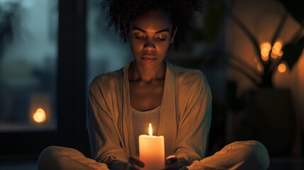 Candle Gazing Meditation, African American Woman Focusing on Lit Candle, Peaceful Mindfulness Session
