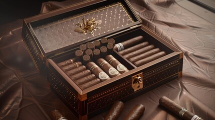 A 3D rendering of a luxury cigar box set, designed as a business gift, showing the box open with several cigars and a cutter inside, set on a dark leather surface.