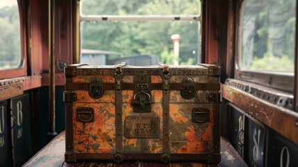 Journey Through Time Vintage Travel Trunk in Historic Train Carriage