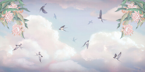 Drawing swallows fly in the summer sky. Frame of tropical leaves and flowers. Swallows fly in the summer sky. Watercolor drawing of sky and birds. Flying birds in the sky. Mural for walls.