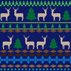 Colorful deer and Christmas tree seamless pattern.