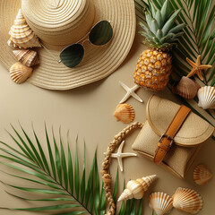 Dive into summer bliss: top view of straw hat, sunglasses, pineapple, woven bag, shells and starfishes on a serene beige background, inviting summer vibes for your messages. Made with generative ai.