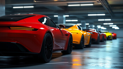 modern cars parked in the parking lot, used luxury car for rental services or premium cars sale business background