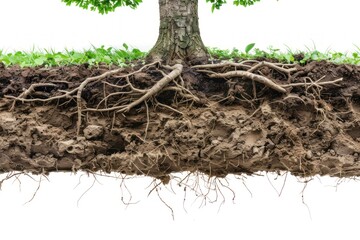 Tree structure with root system going deep into the ground, soil cross, absorption system water