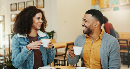 Date, happy and couple with smile, cafe and bonding with conversation, communication and together. Morning, breakfast and woman with coffee, love and talking to man with care and joy in relationship