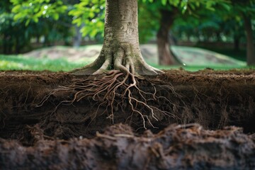 Tree structure with root system going deep into the ground, soil cross, absorption system water