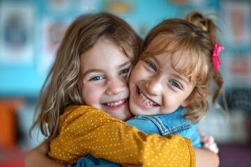 Two child friends in therapy hug each other. Happy friends hugging
