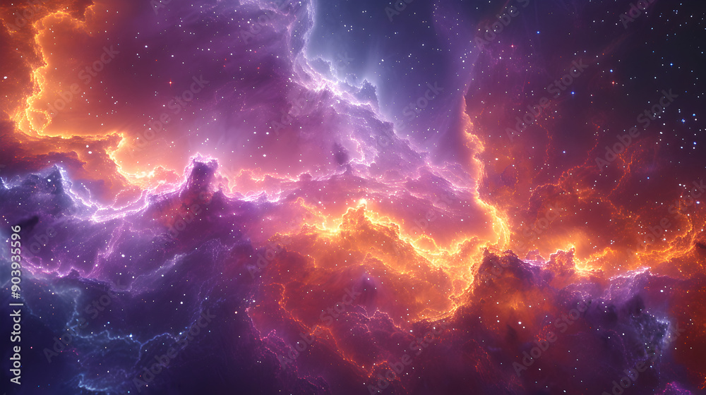Wall mural cosmic scene with a dense, colorful nebula, where rich purples and blues intermingle with subtle hin