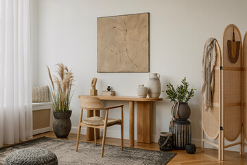 Modern home office with a minimalist design, featuring a wooden desk with decorative items, a...