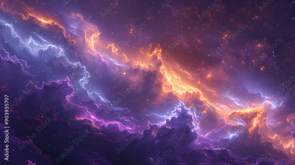 Wall mural cosmic scene with a dense, colorful nebula, where rich purples and blues intermingle with subtle hin