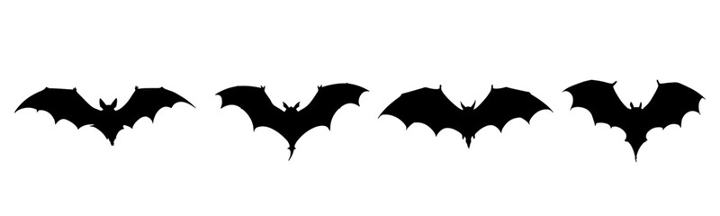 Black bat silhouette cutout. Set of bat animal silhouette on transparent background