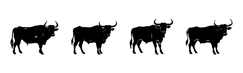 Black bull silhouette cutout. Set of cow animal silhouette on transparent background
