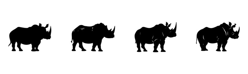 Obraz premium Black rhino silhouette cutout. Set of rhino animal silhouette on transparent background