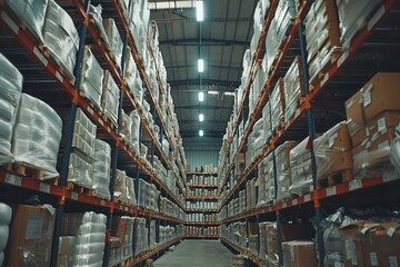 Fototapeta premium Warehouse with high shelves filled with goods stored on big industrial shelves. Industrial shipment center