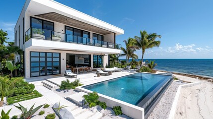 Fototapeta premium A beach house with an infinity pool, white walls and a black roof on the main floor and a second story balcony overlooking the ocean in paradise