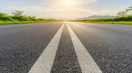 Naklejka premium Captivating Landscape View Along a Straight Open Road During Sunset