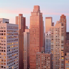 City skyline with tall buildings at sunset