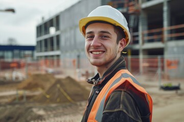 Fototapeta premium wide angle shot Smiling man worker in hard hat and reflective vest. Confident young male worker at construction site