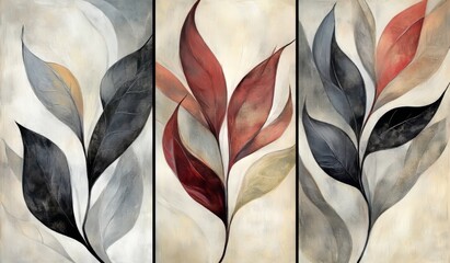 This set of three framed art panels features paintings of plants in black and red.