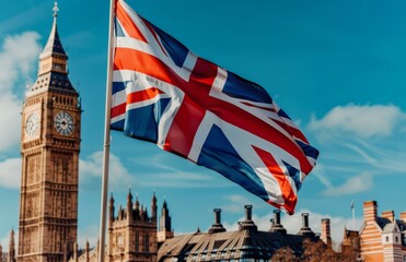 Fototapeta premium British Union Jack flag blowing in the wind with big ben tower and the london houses of parliament in background. Pride and nationalism