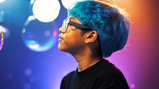 Blue-haired person mesmerized by floating bubbles in colorful light